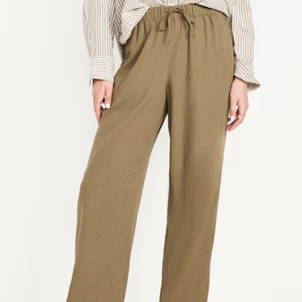 Old Navy High-Waisted Linen-Blend Straight Pants Light Army Green Women's Small